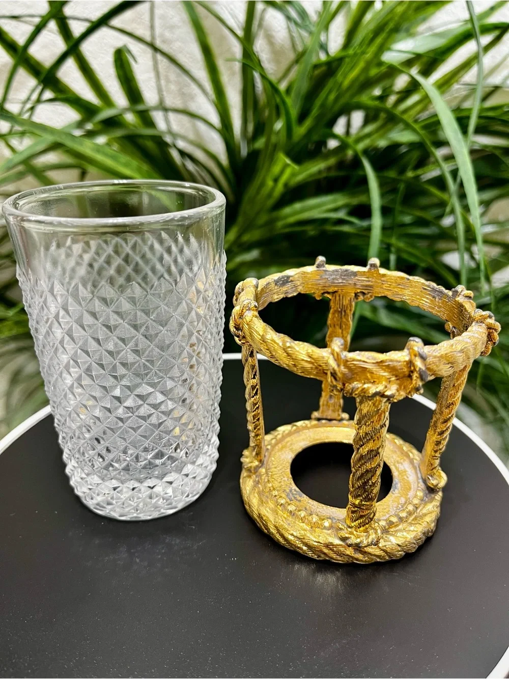 Vintage MCM Hollywood Regency Rope Braid Design Soap Dish and Glass Holder Set